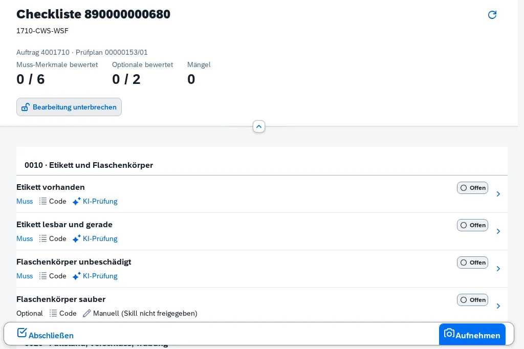 Checklisten-App: Checkliste nach Vorgängen mit Muss- und optionalen Merkmalen, KI-Prüfung oder manuell