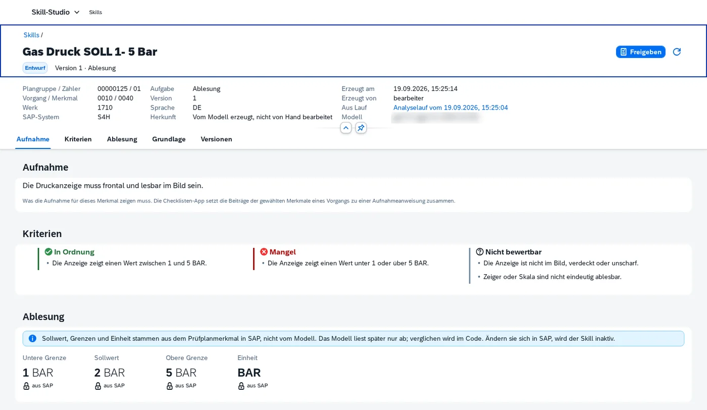 Skill „Gasdruck 1–5 bar“ mit Aufnahmeanweisung, Kriterien und aus SAP gesperrten Grenzwerten
